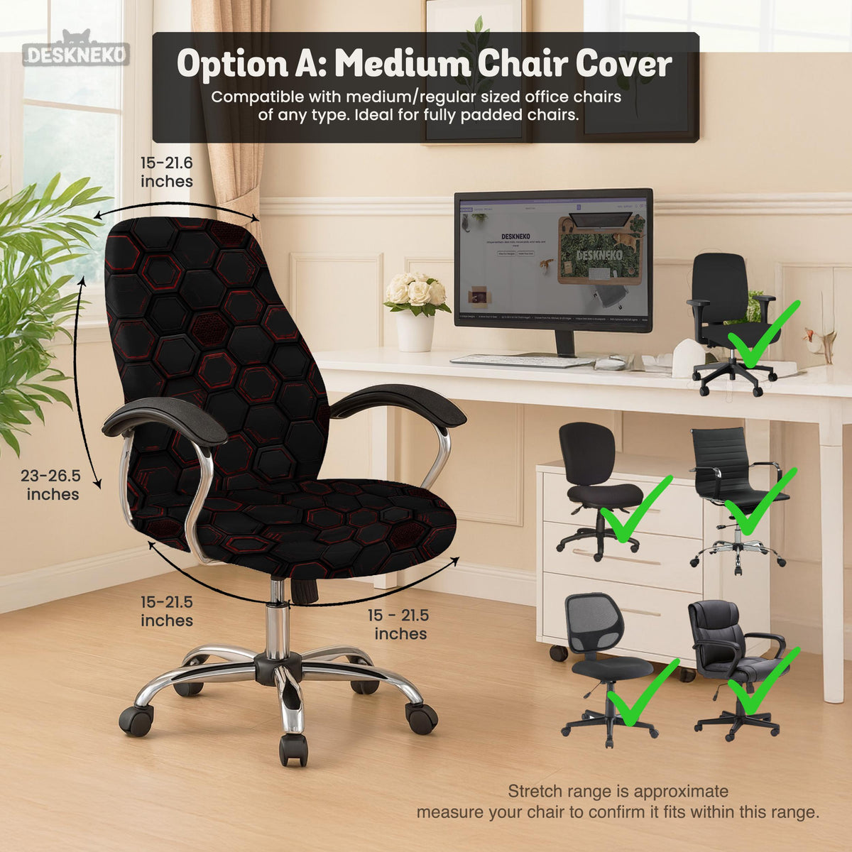 Black chair cover with a dark red geometric pattern shown on an office chair, with a fitted stretch look.