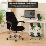 Black chair cover with a dark red geometric pattern shown on an office chair, with a fitted stretch look.
