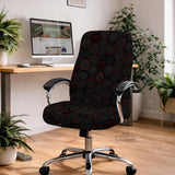 Black chair cover with a dark red geometric pattern shown on an office chair, with a fitted stretch look.
