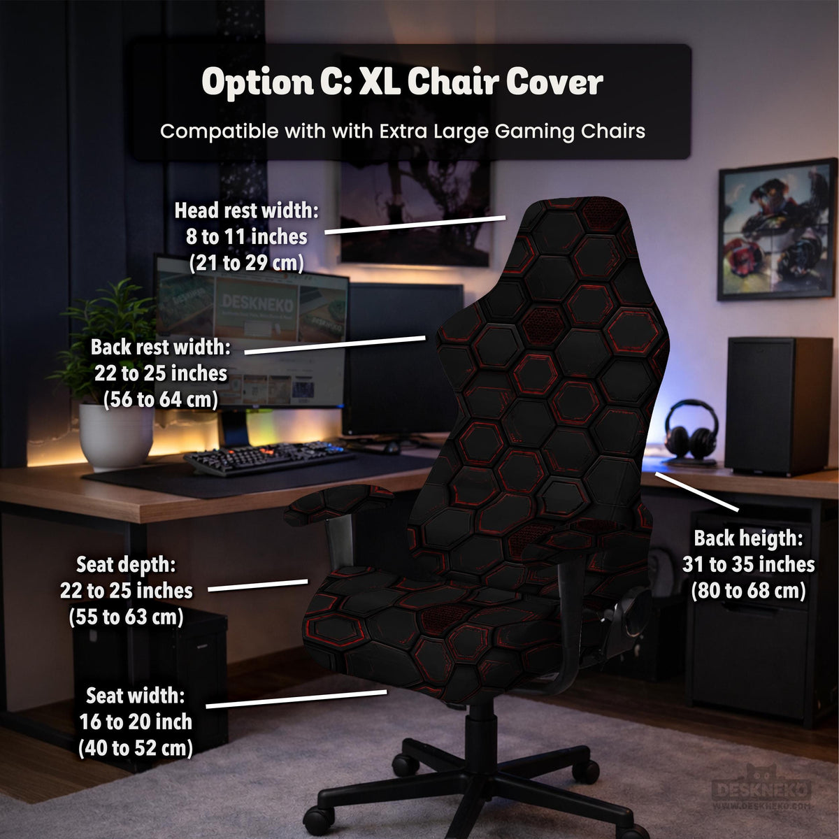 Black chair cover with a dark red geometric pattern shown on an office chair, with a fitted stretch look.