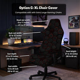 Black chair cover with a dark red geometric pattern shown on an office chair, with a fitted stretch look.