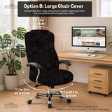Black chair cover with a dark red geometric pattern shown on an office chair, with a fitted stretch look.