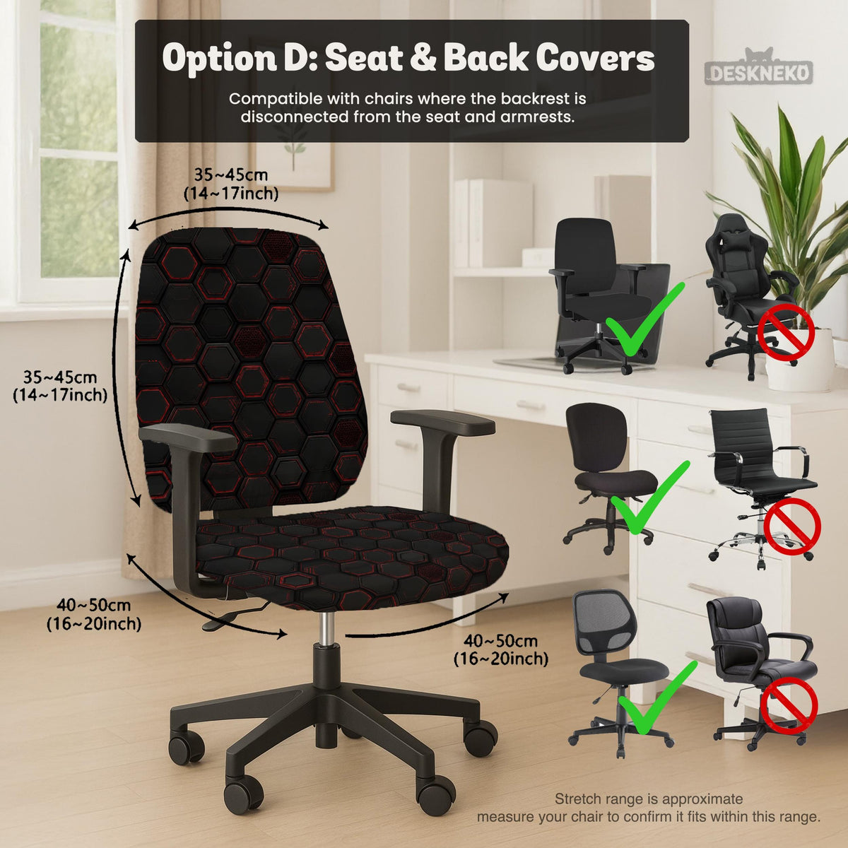 Black chair cover with a dark red geometric pattern shown on an office chair, with a fitted stretch look.