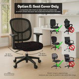 Black chair cover with a dark red geometric pattern shown on an office chair, with a fitted stretch look.