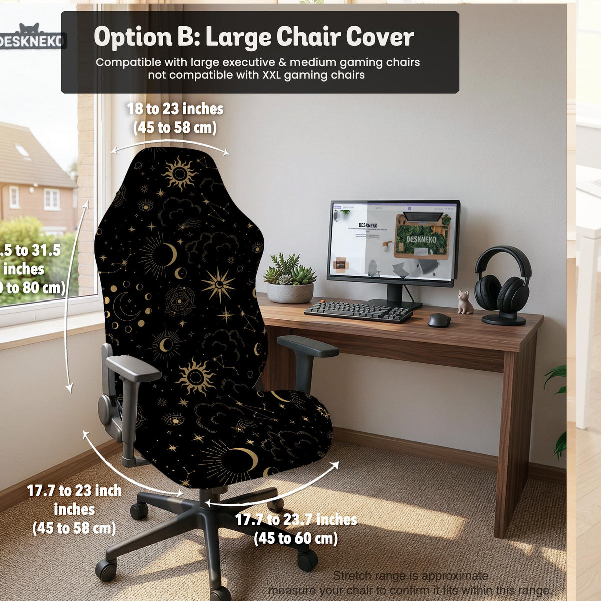 Black chair cover with a dark red geometric pattern shown on an office chair, with a fitted stretch look.