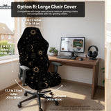 Black chair cover with a dark red geometric pattern shown on an office chair, with a fitted stretch look.
