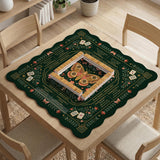 Dark botanical mahjong table mat with a floral border, large moth and butterfly design in the center, gold corner frame, and printed rules layout around the edge.