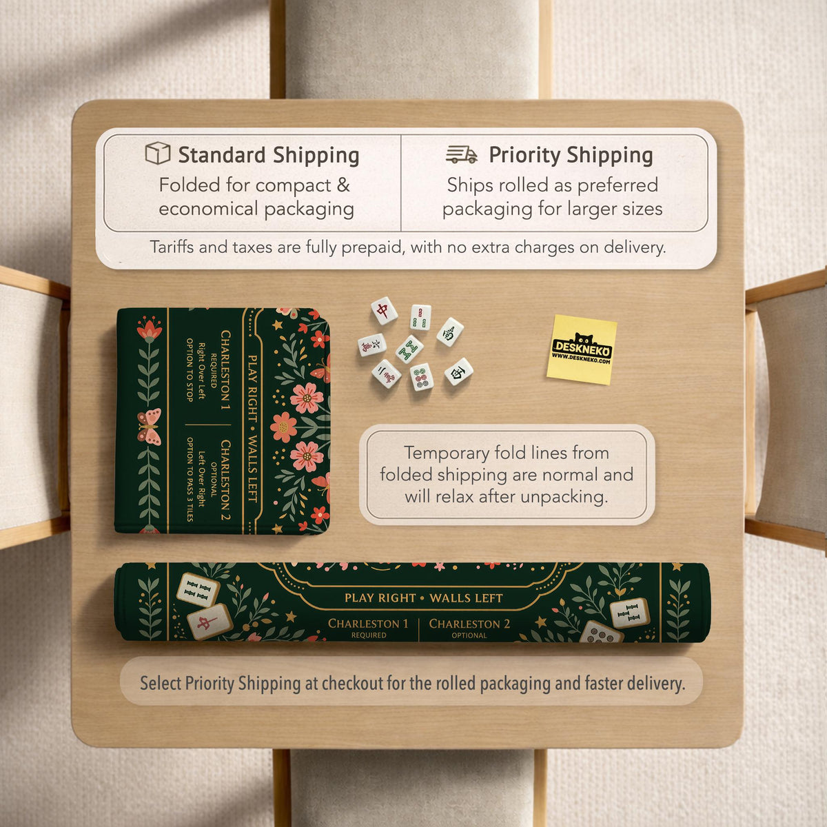 Dark botanical mahjong table mat with a floral border, large moth and butterfly design in the center, gold corner frame, and printed rules layout around the edge.