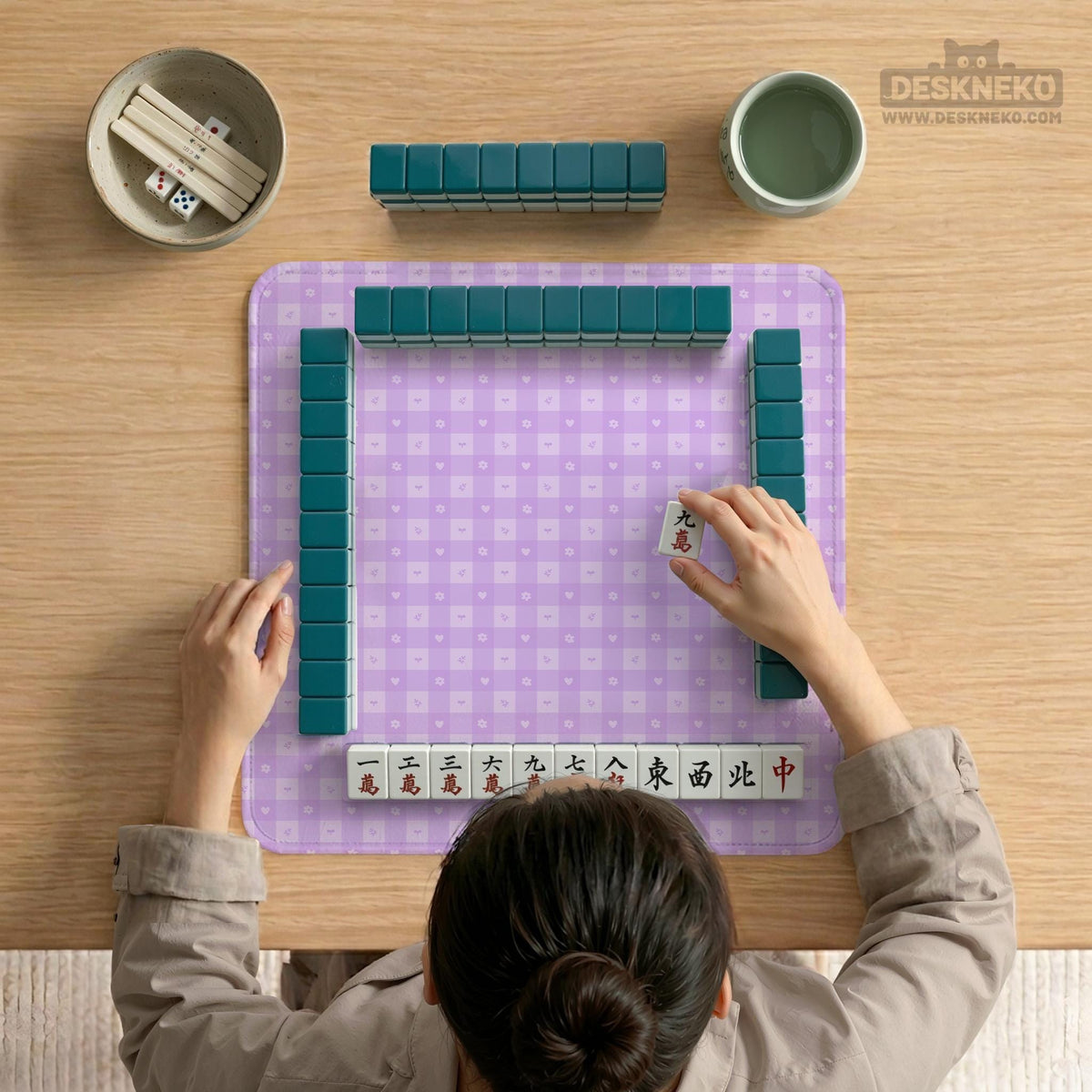 Lavender gingham mahjong mat with a scalloped edge and a pastel check pattern.