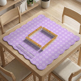 Lavender gingham mahjong mat with a scalloped edge and a pastel check pattern.
