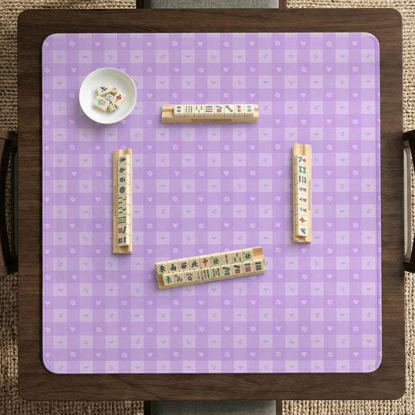 Lavender gingham mahjong mat with a scalloped edge and a pastel check pattern.