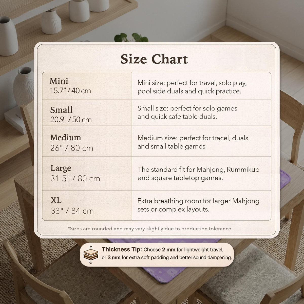 Lavender gingham mahjong mat with a scalloped edge and a pastel check pattern.