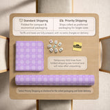 Lavender gingham mahjong mat with a scalloped edge and a pastel check pattern.