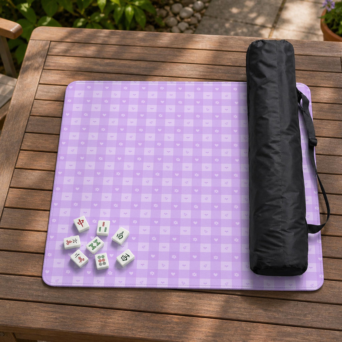 Lavender gingham mahjong mat with a scalloped edge and a pastel check pattern.
