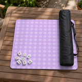 Lavender gingham mahjong mat with a scalloped edge and a pastel check pattern.