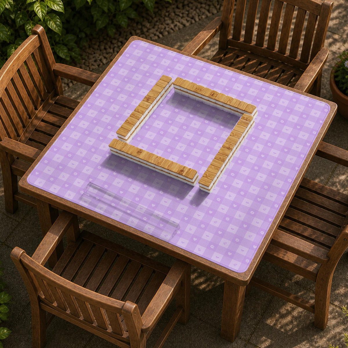 Lavender gingham mahjong mat with a scalloped edge and a pastel check pattern.