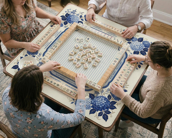 Blue and white mahjong table mat with a floral border, small birds, pagoda details, striped center, and printed rules around the edge.