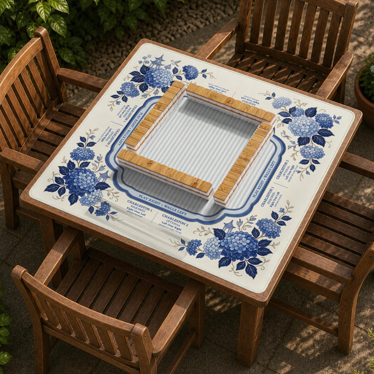 Blue and white mahjong table mat with a floral border, small birds, pagoda details, striped center, and printed rules around the edge.