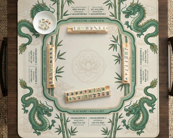 Sage green mahjong mat with a bamboo pattern, dragon design, printed rules around the edge, and a scalloped edge option.