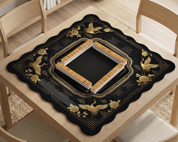 Black and gold square mahjong mat with an art deco crane and floral border, rule reminders around the edges, and a blank center area.