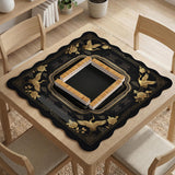Black and gold square mahjong mat with an art deco crane and floral border, rule reminders around the edges, and a blank center area.