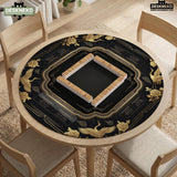Black and gold square mahjong mat with an art deco crane and floral border, rule reminders around the edges, and a blank center area.