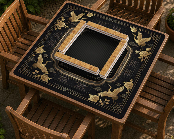 Black and gold square mahjong mat with an art deco crane and floral border, rule reminders around the edges, and a blank center area.