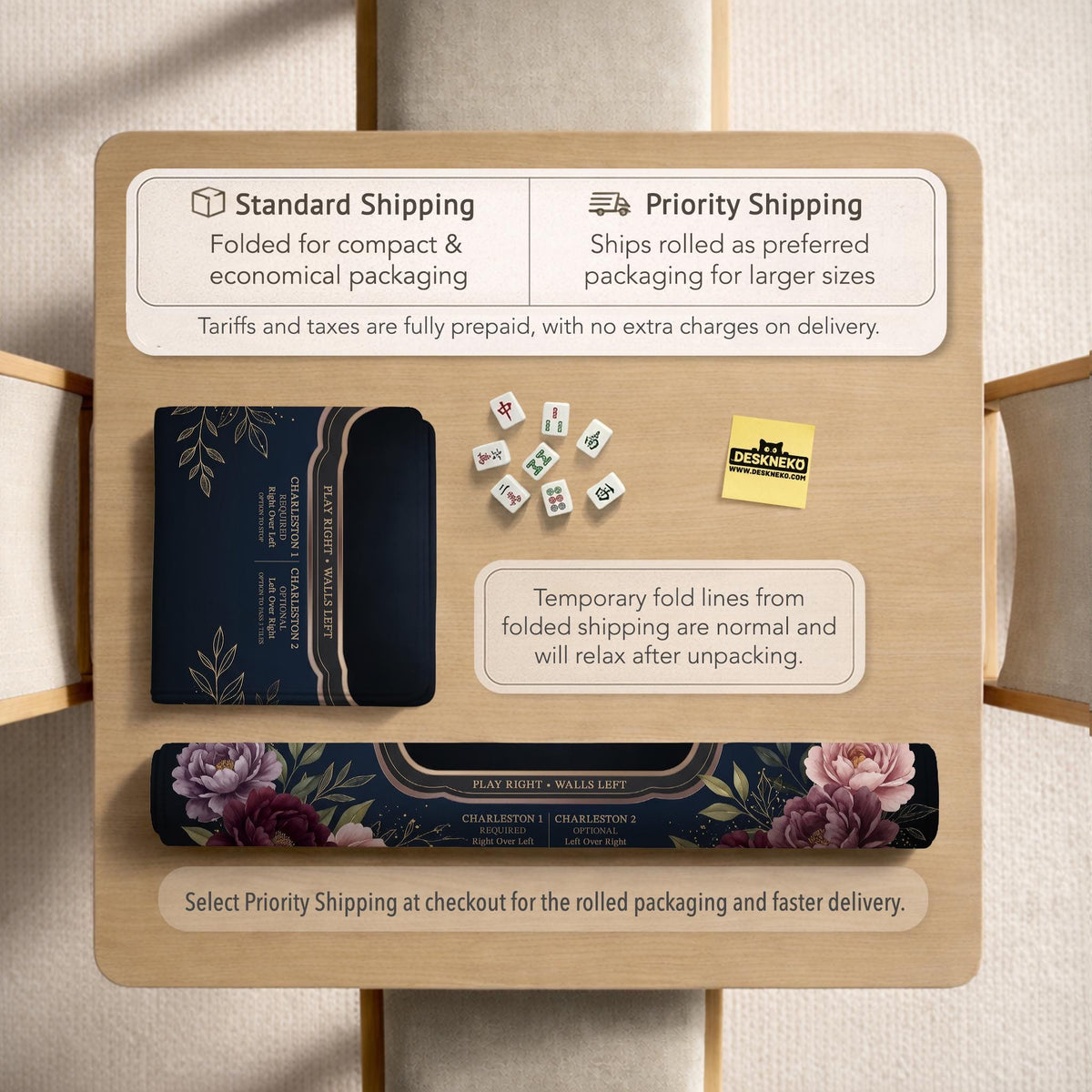 Burgundy mahjong mat with a floral border, gold botanical details, and printed American Mahjong rules on a dark background.