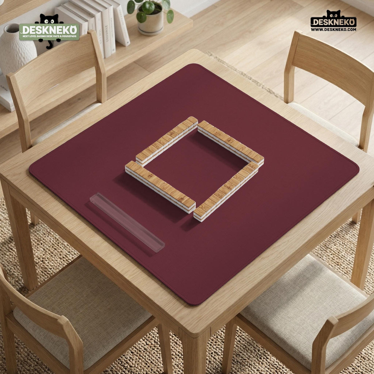 Plain burgundy square mahjong mat with scalloped edges on a white background.