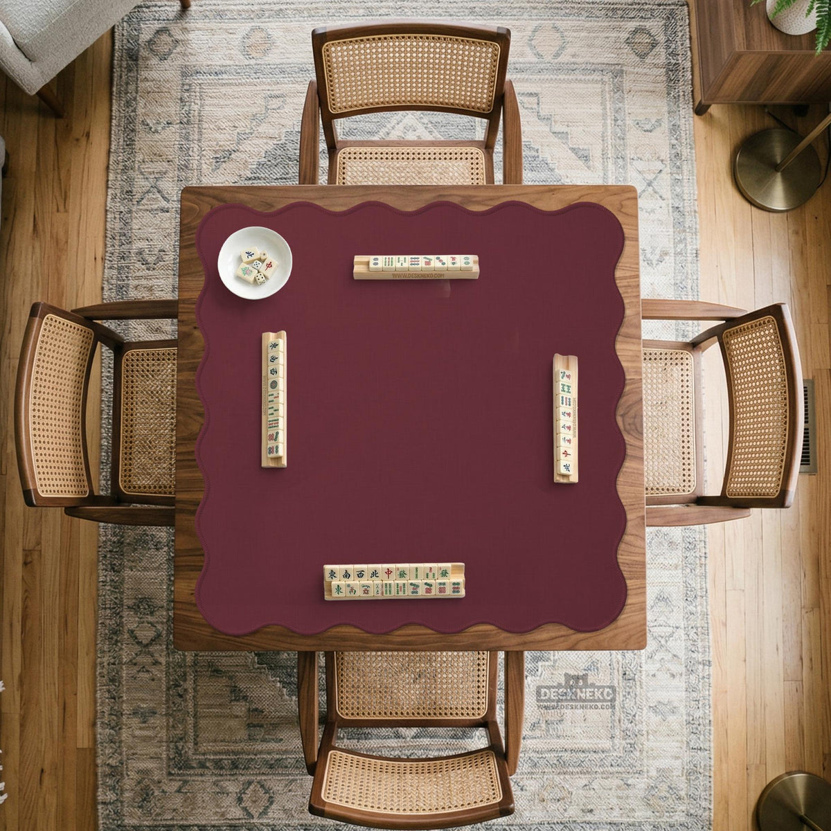 Plain burgundy square mahjong mat with scalloped edges on a white background.