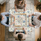 Pink floral mahjong table mat with peonies, blue hydrangeas, sage green leaves, and an ivory background.