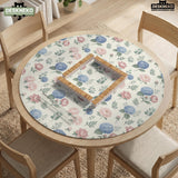 Pink floral mahjong table mat with peonies, blue hydrangeas, sage green leaves, and an ivory background.
