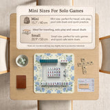 A square mahjong mat with blue hydrangea flowers, green vines, a cream background, a striped center, and printed rules around the border.