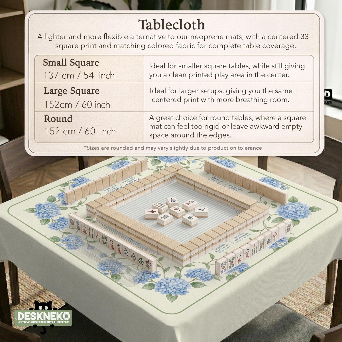 A square mahjong mat with blue hydrangea flowers, green vines, a cream background, a striped center, and printed rules around the border.