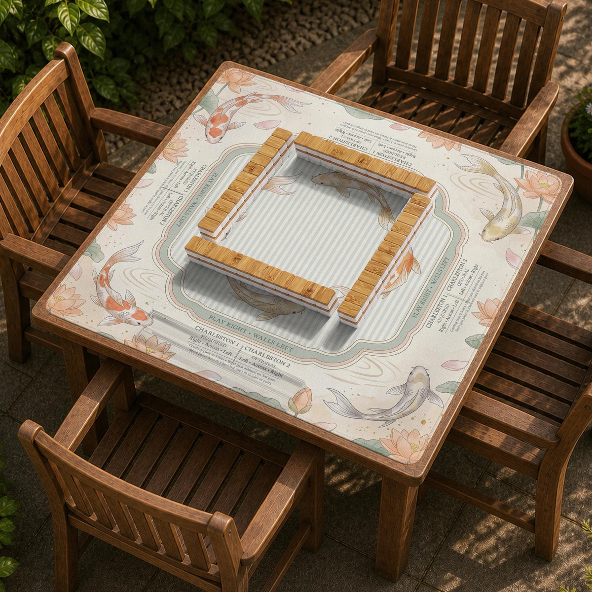 Sage and cream mahjong mat with a koi fish pond pattern, lotus blooms, water ripples, and printed instructions around the border. One version has a scalloped edge.