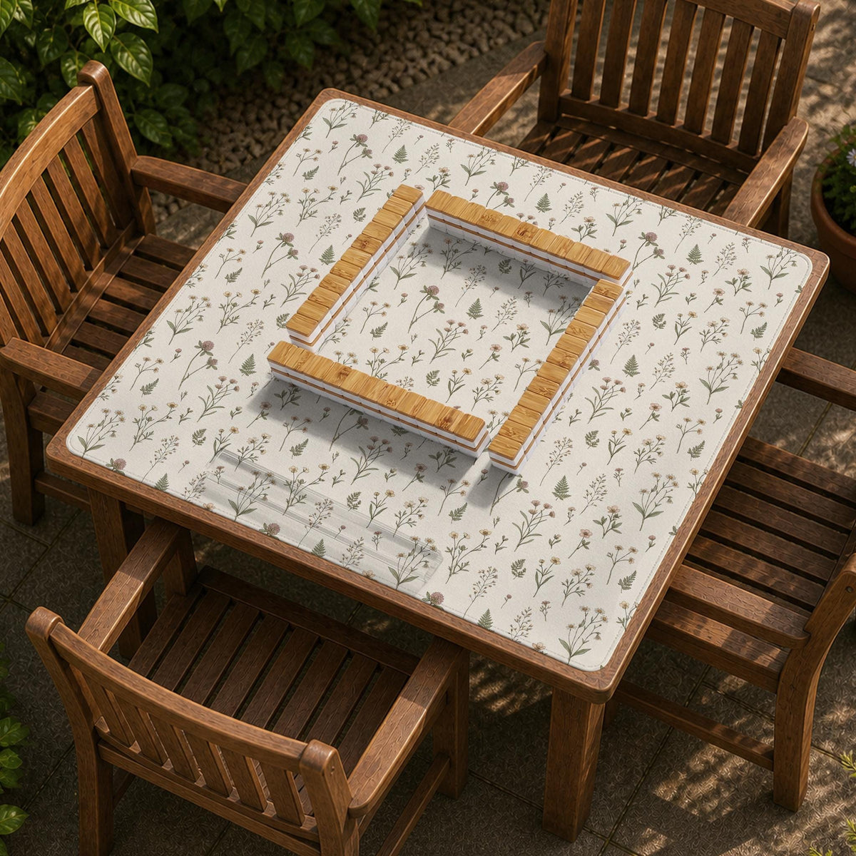 Cream mahjong mat with a floral pattern of small wildflowers and sage leaves, shown with a scalloped edge on a light neutral background.