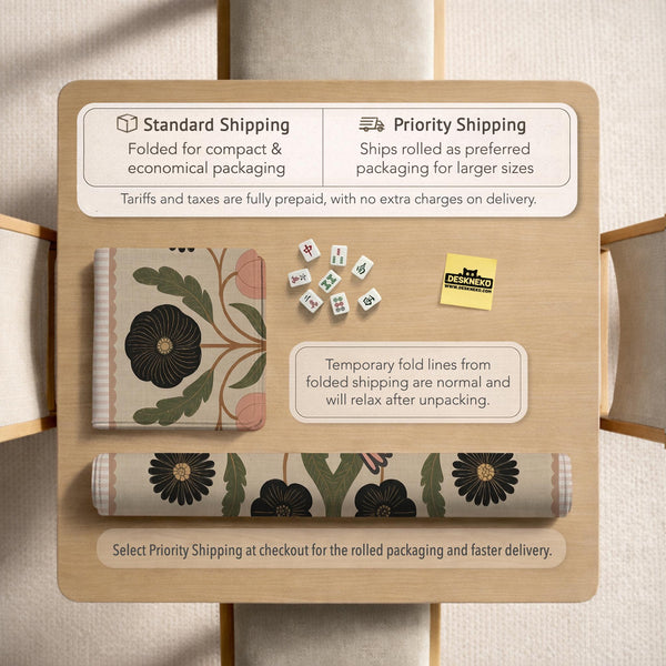 Beige mahjong mat with a botanical floral bird design, blush flowers, olive green leaves, black flower accents, and a warm linen-style background. Scalloped edge option shown.