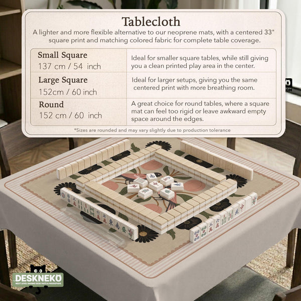 Beige mahjong mat with a botanical floral bird design, blush flowers, olive green leaves, black flower accents, and a warm linen-style background. Scalloped edge option shown.