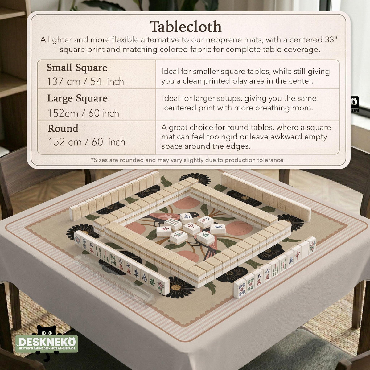Beige mahjong mat with a botanical floral bird design, blush flowers, olive green leaves, black flower accents, and a warm linen-style background. Scalloped edge option shown.