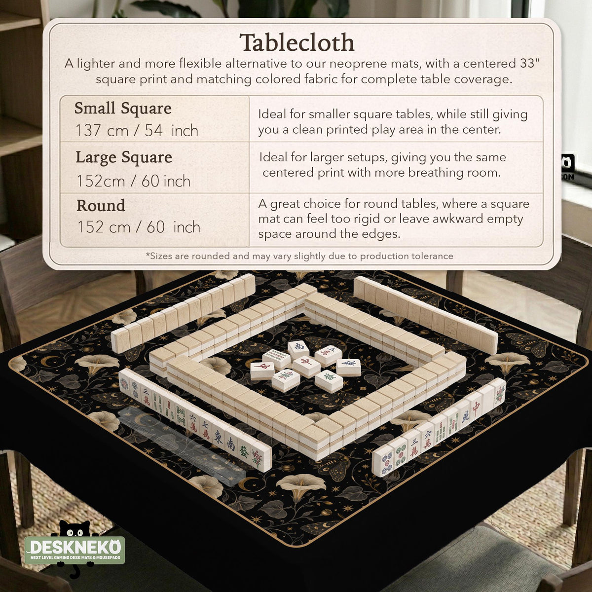 Black square mahjong mat with moths, moonflowers, crescent moons, and scattered stars in a celestial floral pattern.