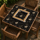 Black square mahjong mat with moths, moonflowers, crescent moons, and scattered stars in a celestial floral pattern.
