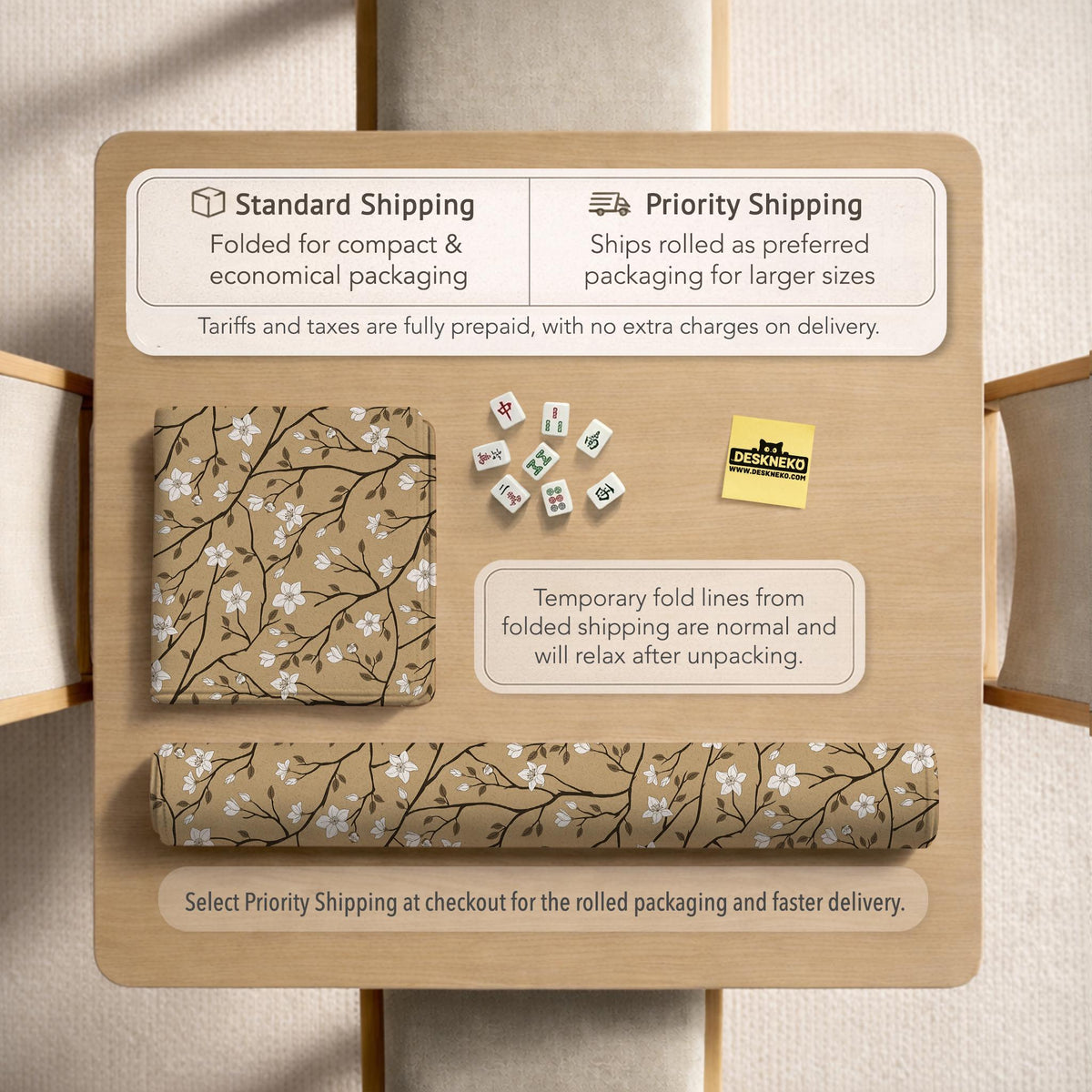 Beige mahjong mat with a white blossom branch floral pattern on a neutral background.