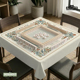 Square mahjong mat with a cream background, blue birds, sage leaves, terracotta flowers, and a decorative botanical border with printed rules text.