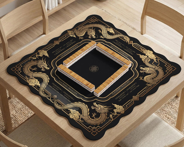 Black mahjong mat with gold dragon artwork, a scalloped edge, and printed Mahjong rules on the surface.