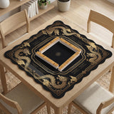 Black mahjong mat with gold dragon artwork, a scalloped edge, and printed Mahjong rules on the surface.