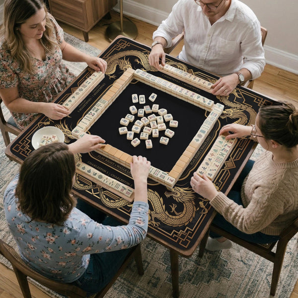 Black mahjong mat with gold dragon artwork, a scalloped edge, and printed Mahjong rules on the surface.