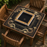 Black mahjong mat with gold dragon artwork, a scalloped edge, and printed Mahjong rules on the surface.