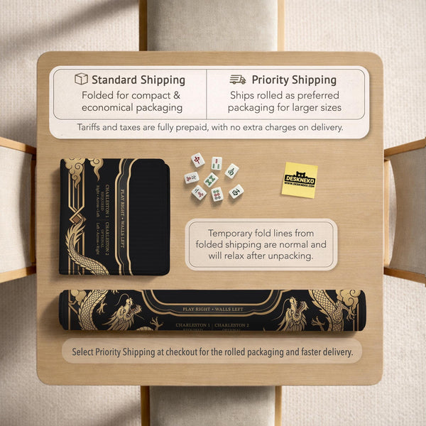 Black mahjong mat with gold dragon artwork, a scalloped edge, and printed Mahjong rules on the surface.