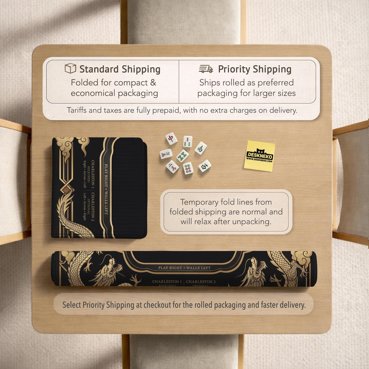 Black mahjong mat with gold dragon artwork, a scalloped edge, and printed Mahjong rules on the surface.