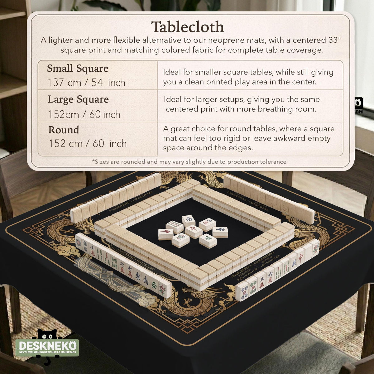 Black mahjong mat with gold dragon artwork, a scalloped edge, and printed Mahjong rules on the surface.